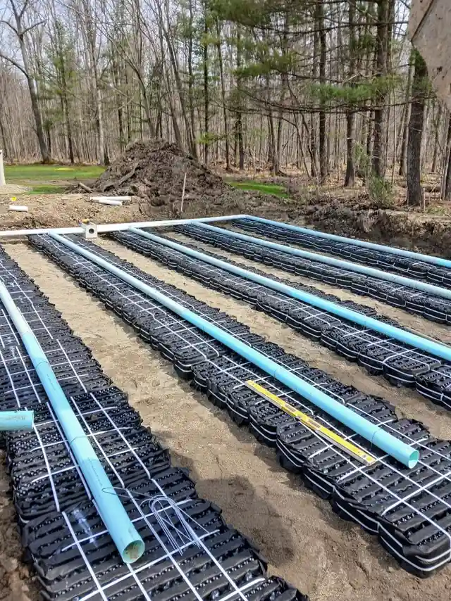 Septic chamber rows and blue distribution pipe staged in an open excavation